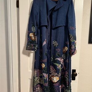La Fuori Embroidered and Beaded Blue Long Coat
